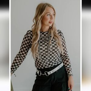 Two 2 Fly NWT Slang and Bang Long Sleeve Checkered Black and White Mesh Top Sm